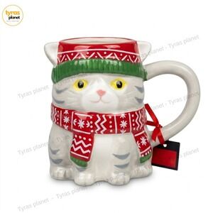 3D Christmas Cat Mug Grey Tabby Red Scarf Winter Hat Holiday Cup